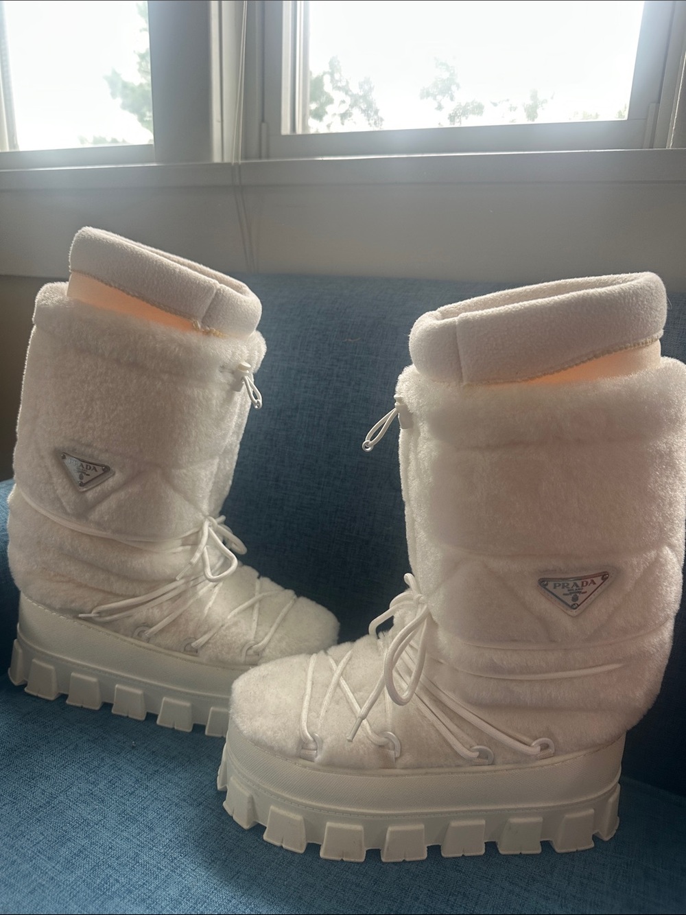 Prada Off-White Fleece Platform Winter Boots